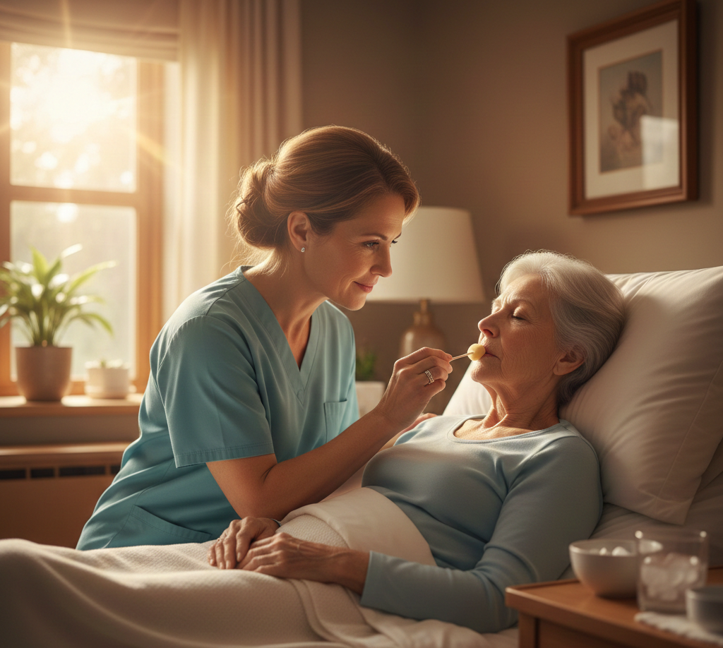 Close-up of a gentle hospice nurse in teal scrubs leaning over a patient in bed to provide oral care with a swab or spoon. The scene is warm and sunlit, emphasizing comfort care at the end of life.