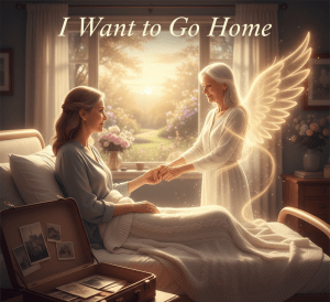 A hospice patient resting in bed holds the hand of an angelic figure in a comforting, sunlit room. This illustrates the peaceful spiritual journey and the true meaning of "I want to go home" in hospice care.